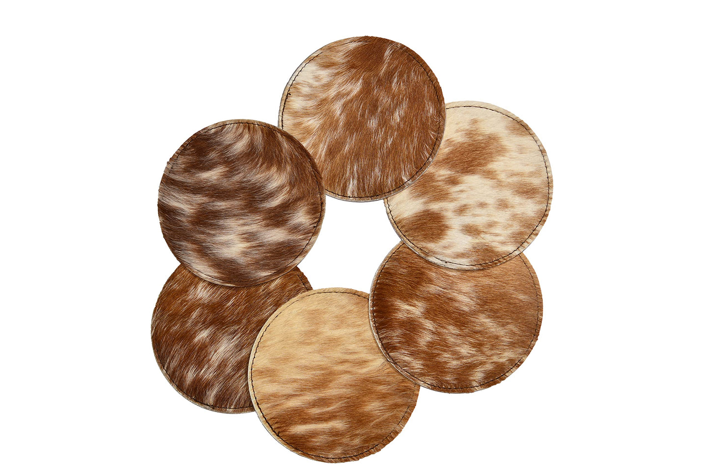 NGF Cowhide Coaster Set of 6 pcs Natural Cowhide Drink Coasters Hair On Round Coasters Leather Tea Cup Coasters Home Decor & Home Living Ideas Multicolor 4.5 x 4.5 x 0.5 inches