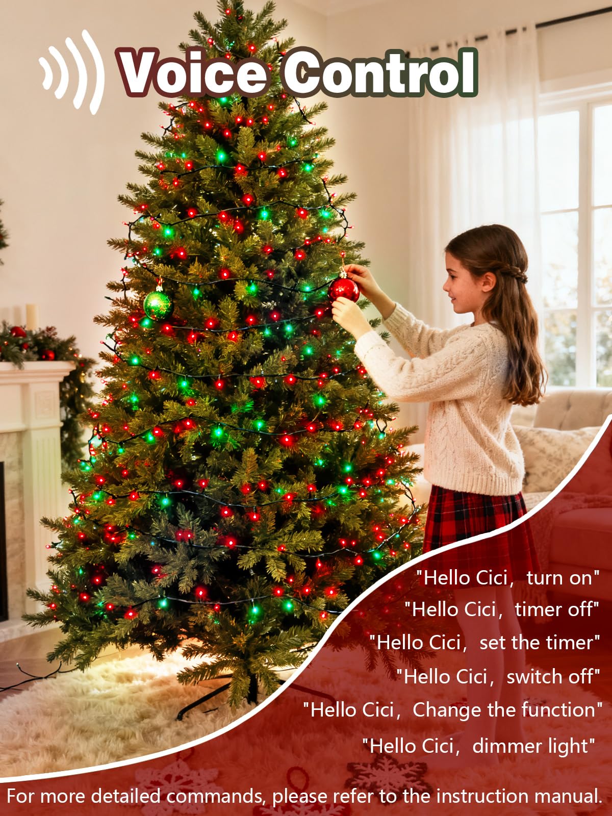 Voice Controlled Christmas Lights with Remote, 99 FT 300 LED String Lights Indoor Outdoor with 12 Modes 3 Timers, Dimmable Twinkle Light Plug in Waterproof for Xmas Tree Party Decor, Red and Green
