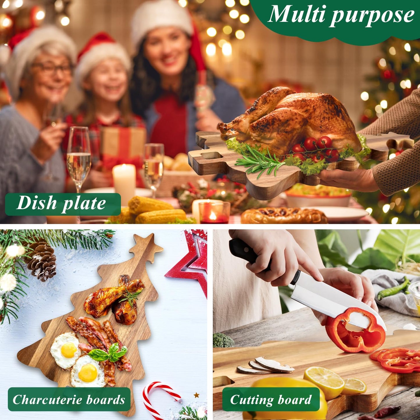 16.5" Wooden Christmas Tree Charcuterie Boards Acacia Wood Cutting Board with Handle Christmas Kitchen Decor Gifts Xmas Serving Cheese Board Festive Decorative Food Tray Holiday Xmas Tree Platters