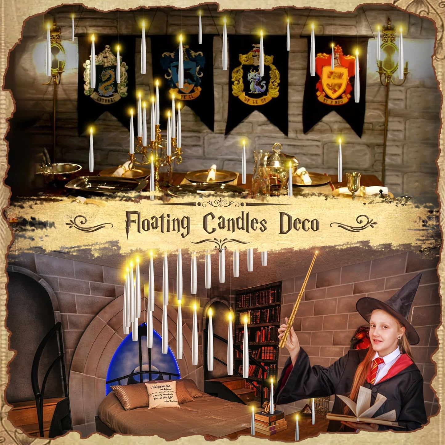 TLPUHU Floating Candles with Wand - 18 Pcs Christmas Decorations Magic Flameless Candles Flickering Warm Light Battery Operated LED Hanging Candles for Christmas Window Bedroom Birthday Party Decor