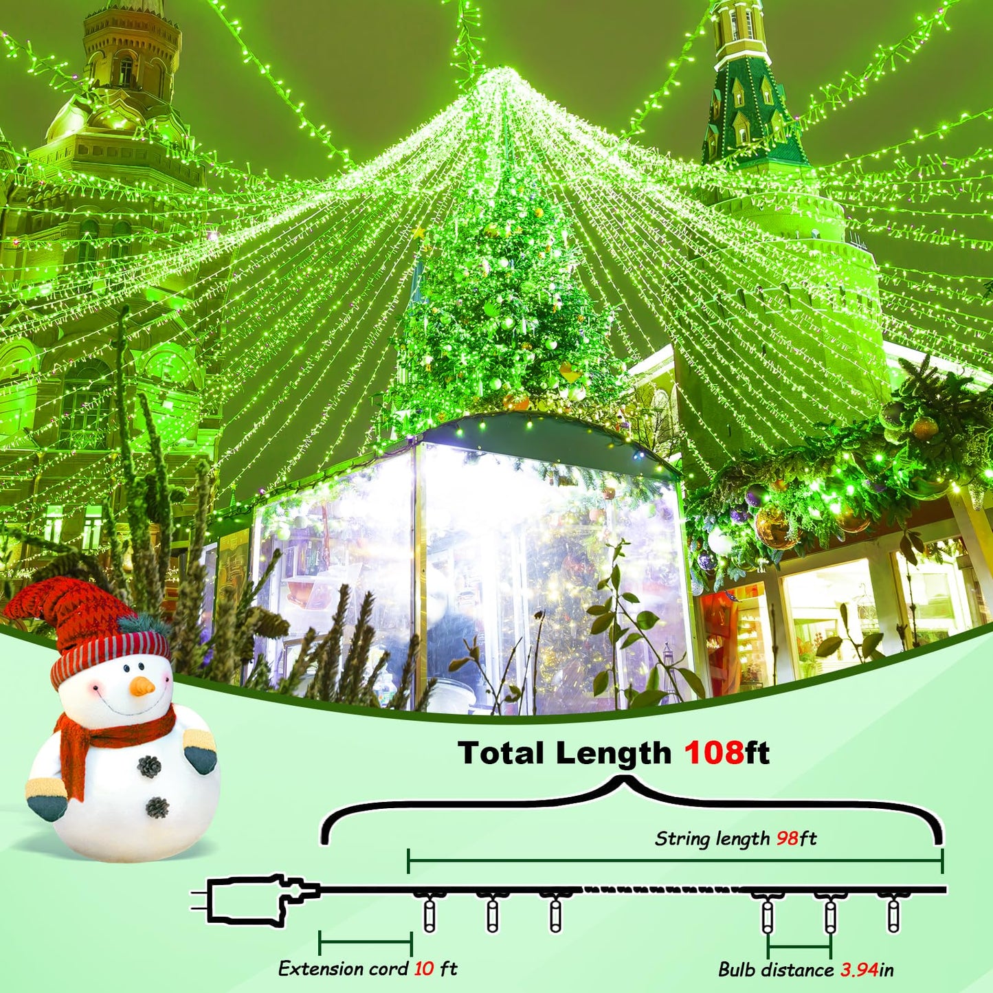 ILLUMINEW 300 Led Green Outdoor String Lights Waterproof St. Patrick's Day Decorations, 108 Ft Led Twinkle Lights for Bedroom, 8 Modes Plug in Fairy Lights for Christmas Room Decor