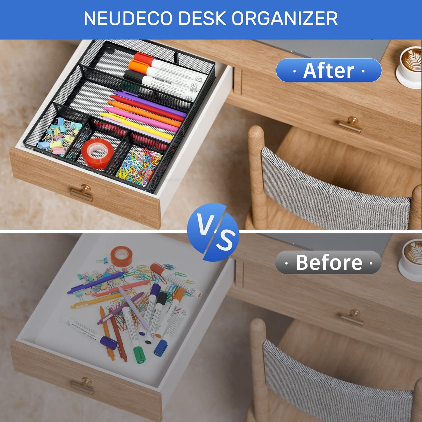 Neudeco Desk Drawer Organizer with 6 Adjustable Dividers, Metal Mesh Pen Organizer for Desk Drawer, Office Supplies Tray (Pack of 4, Black)
