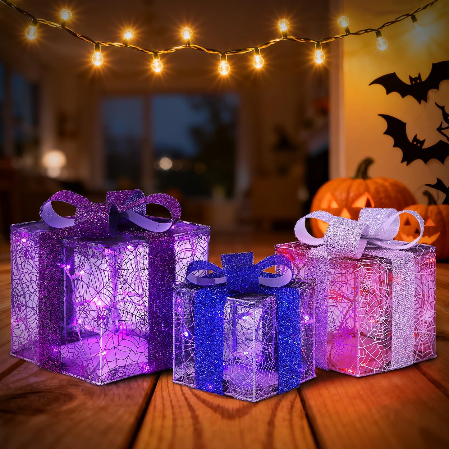 DomKom Set of 3 Halloween Christmas Lighted Gift Boxes Decorations, Plug-in 60 LEDs Metal Frame Present Box, Light Up Xmas Tree Skirt Ornament Decor for Yard Patio Lawn Party