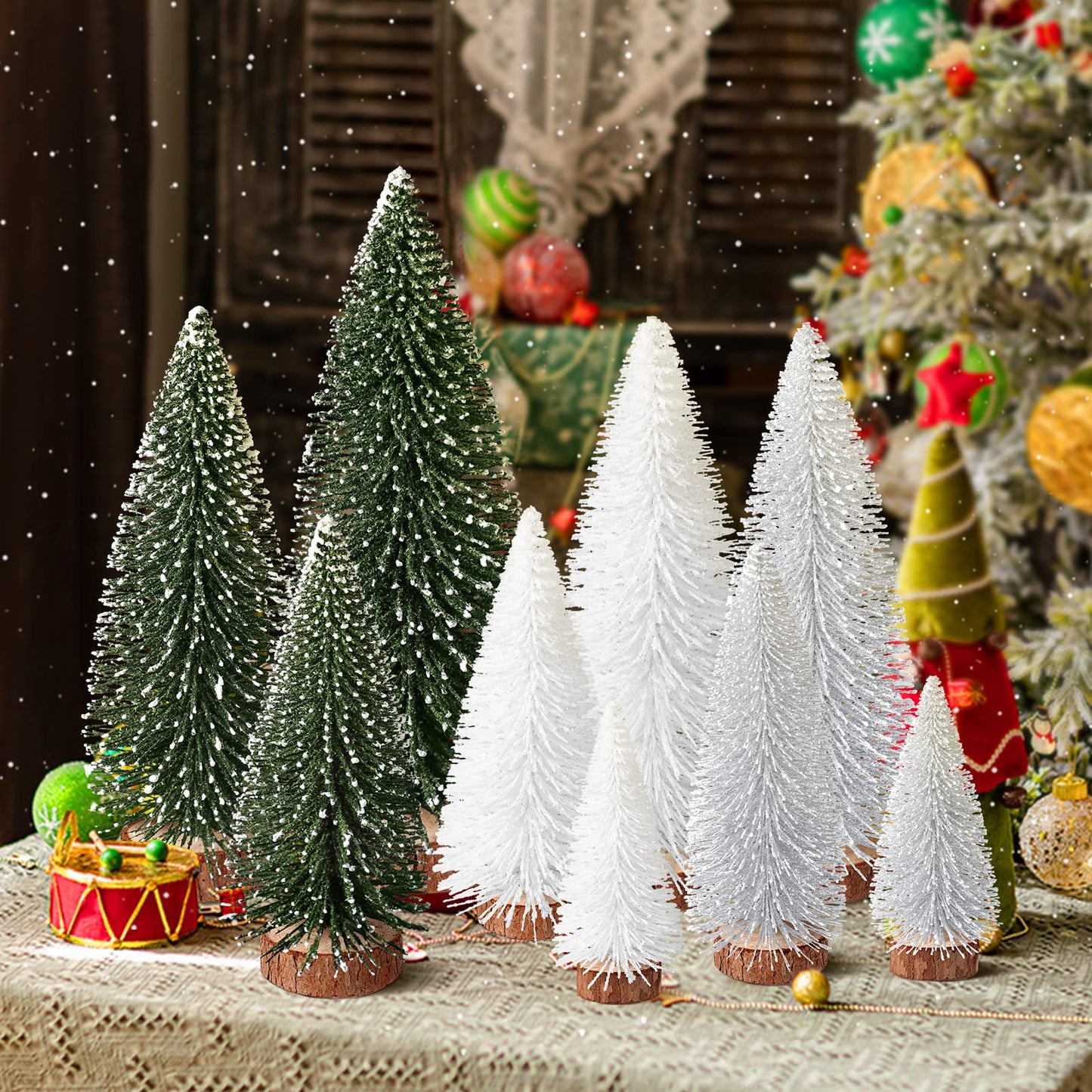 9Pcs Mini Bottle Brush Christmas Trees in 4 Sizes - Green, Silver, White Table Decorations