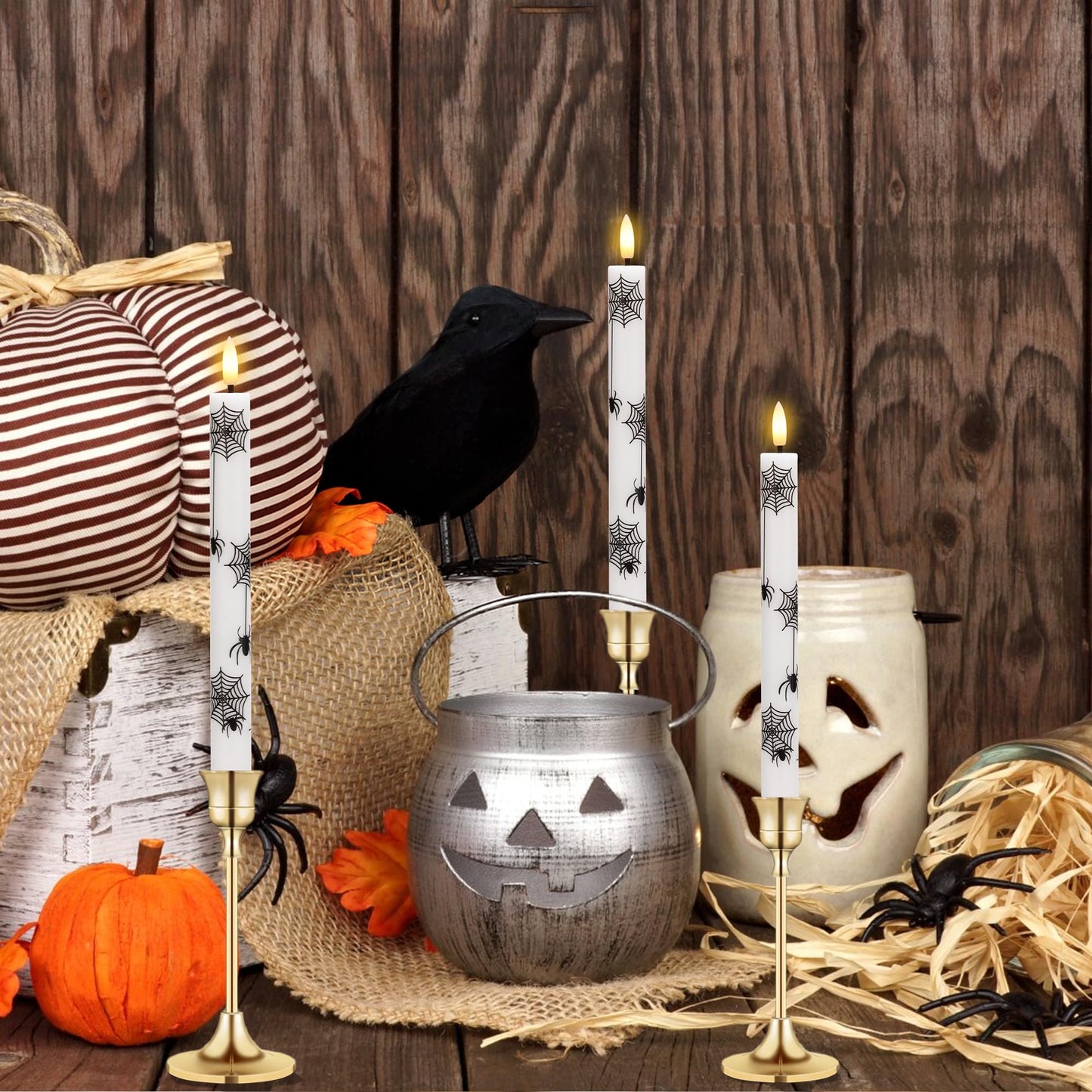 SEHNSY Halloween Flameless Taper Candles with Remote and Timer, 4 Pack Spider and Web Battery Operated LED Flickering Real Wax Candles, Spooky Decor for Halloween Table and Mantel