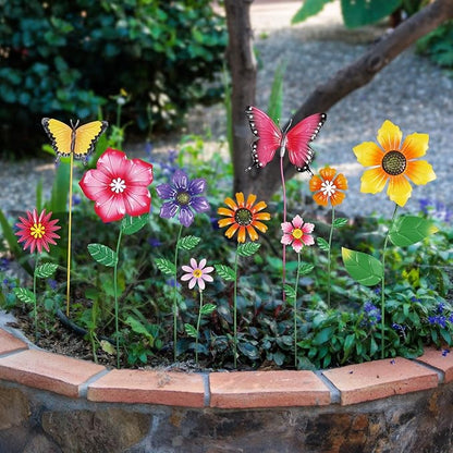 hogardeck Garden Decor for Outside, Set of 10 Metal Flowers Decorative Garden Stakes for Spring Decor, Yard Art Garden Decorations for Outdoor Lawn Porch Pathway (Multi-Color) (Color b)