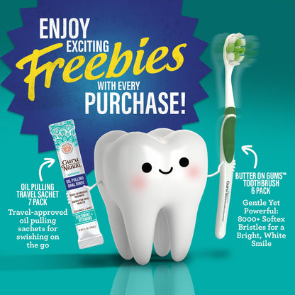 GuruNanda Total Smile Makeover Kit Regular with Cocomint Oil Pulling, Dual Barrel Whitening Mouthwash, Whitening Strips & Butter on Gums Toothbrushes