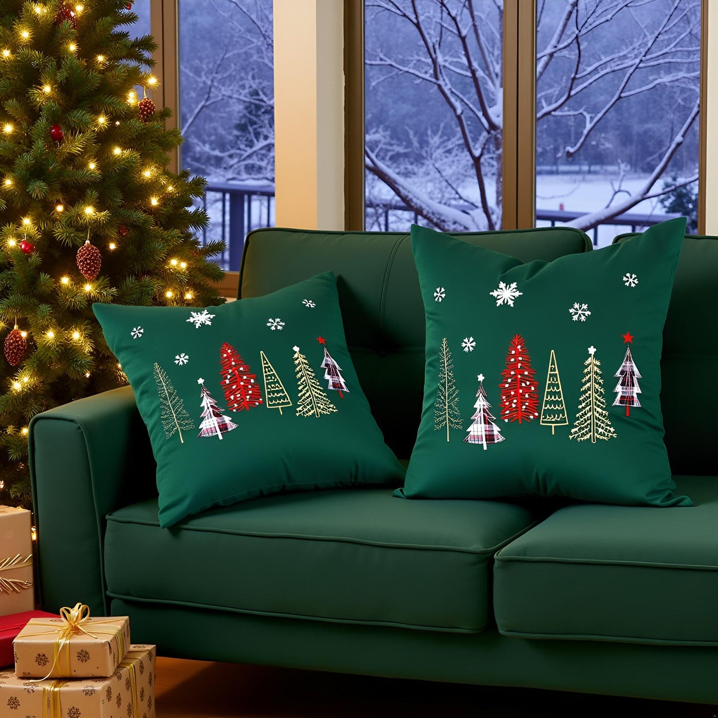 Tosleo Christmas Embroidery Throw Pillow Covers 20 x 20 inch Set of 2 Christmas Decor Velvet Pillowcases Forest Green Xmas Trees Cushion Pillow Cases Soft Square Holiday Pillowcase