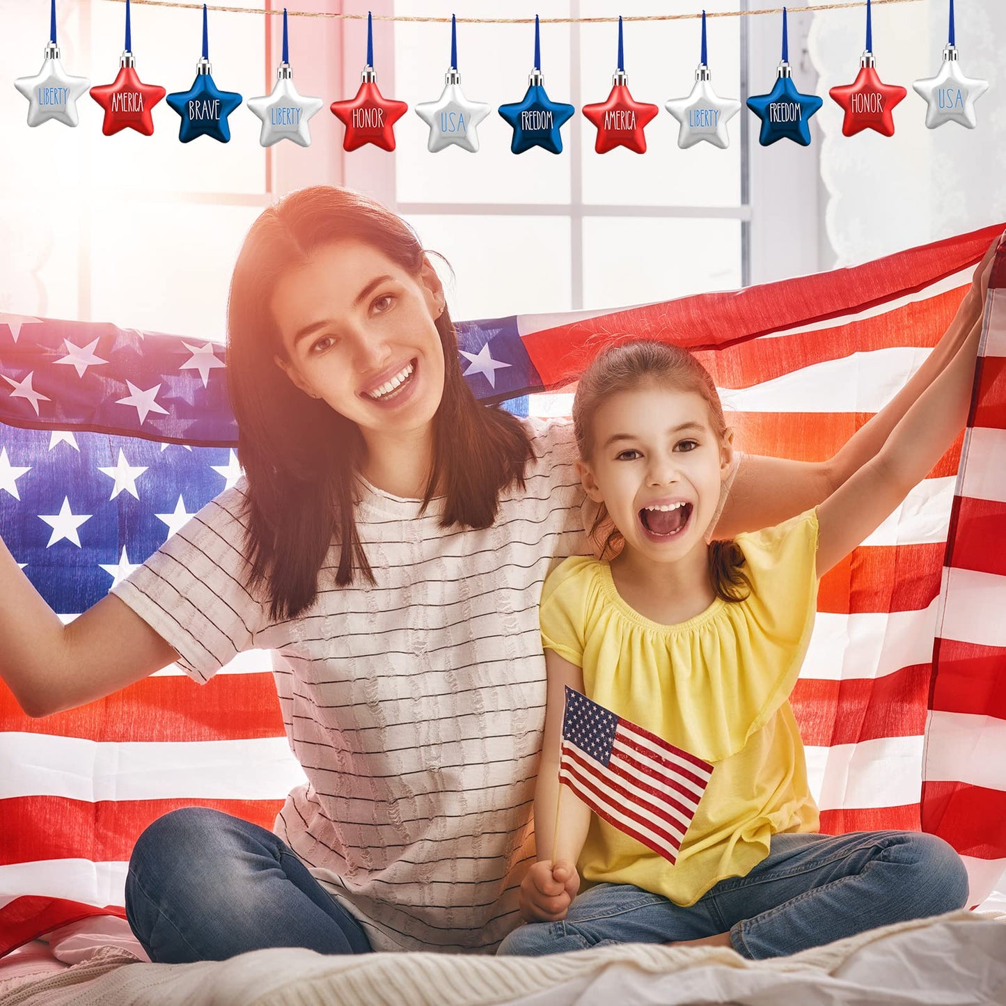 Honoson 48 Pcs 4th of July Hanging Ornaments Patriotic Star Tree Decorations Star Memorial Day Hanging Ornament Red Blue White 250th Anniversary Mini Decorations for Tree (Red,Navy Blue,Silver)