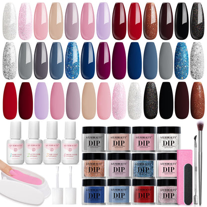 AZUREBEAUTY 31 Pcs Dip Powder Nail Kit 20 Colors Glitter Nude Brown Pink White Gray Dip Powder Liquid Set with Top/Base Coat Activator for French Nails Art Manicure DIY Salon Women Valentine's Gift