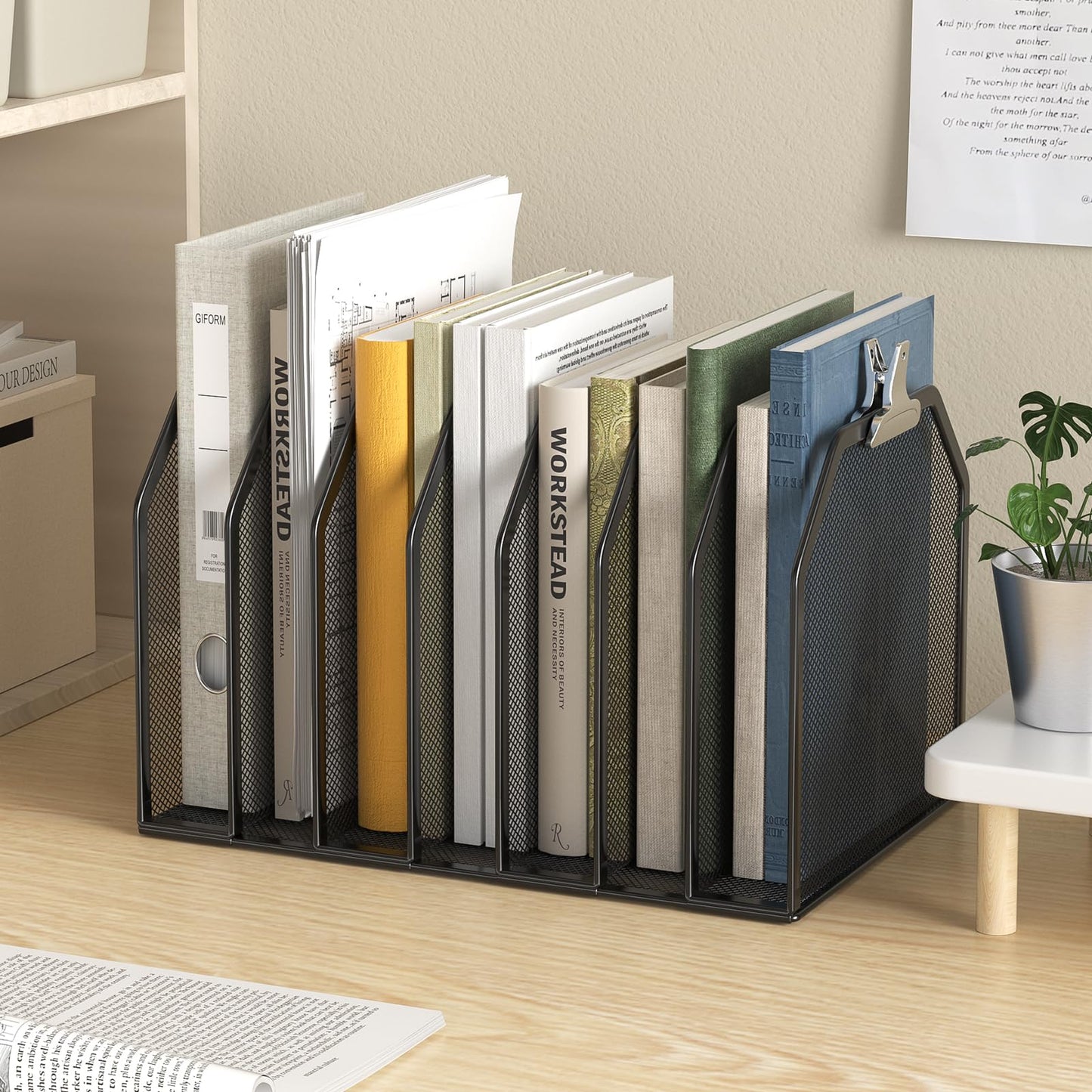 FANXIYQ Metal 7-Section File Folder Organizer for Desk | Vertical Office File Holder | Heavy-Duty Mesh Document Sorter for Books, Binders, Laptops | Black Desk Organizer (12.8”x8.5”x7.9”)