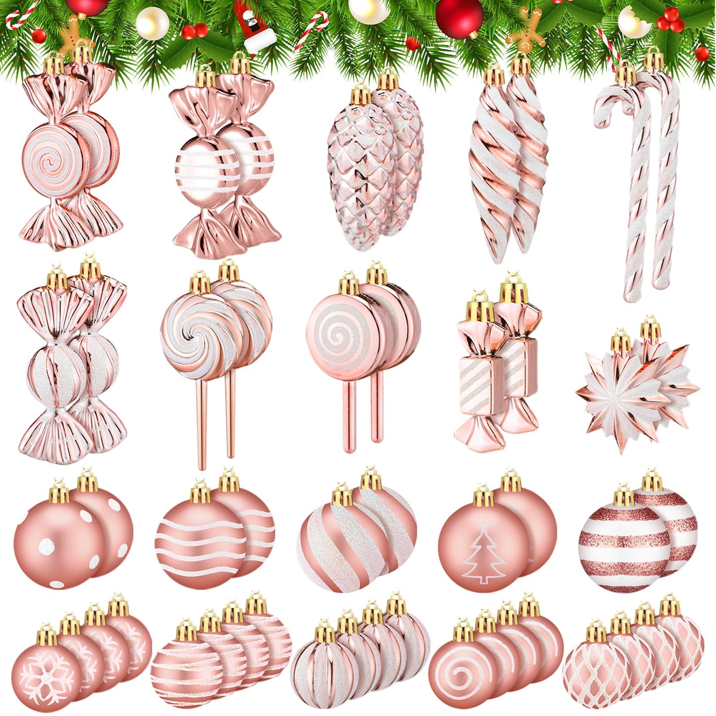 Knitgrip 50 Pcs Christmas Candy Cane Lollipop Ornaments Christmas Peppermint Candy Tree Balls Decorations with Rope Plastic Xmas Hanging Ornaments for Party Decor(Pink)