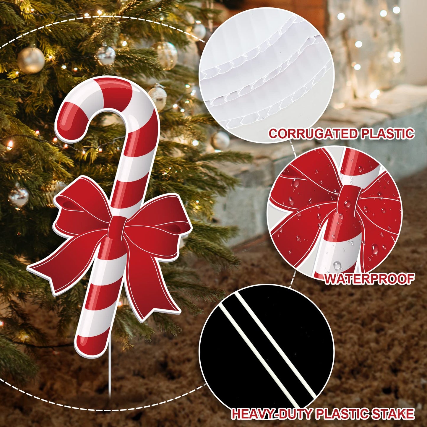 Whaline 10Pcs Christmas Yard Sign with 20Pcs Stakes Large Candy Cane Lawn Waterproof White Red Stripe with Bow Outdoor Sign for Xmas Pathway Walkway Patio Garden Decoration