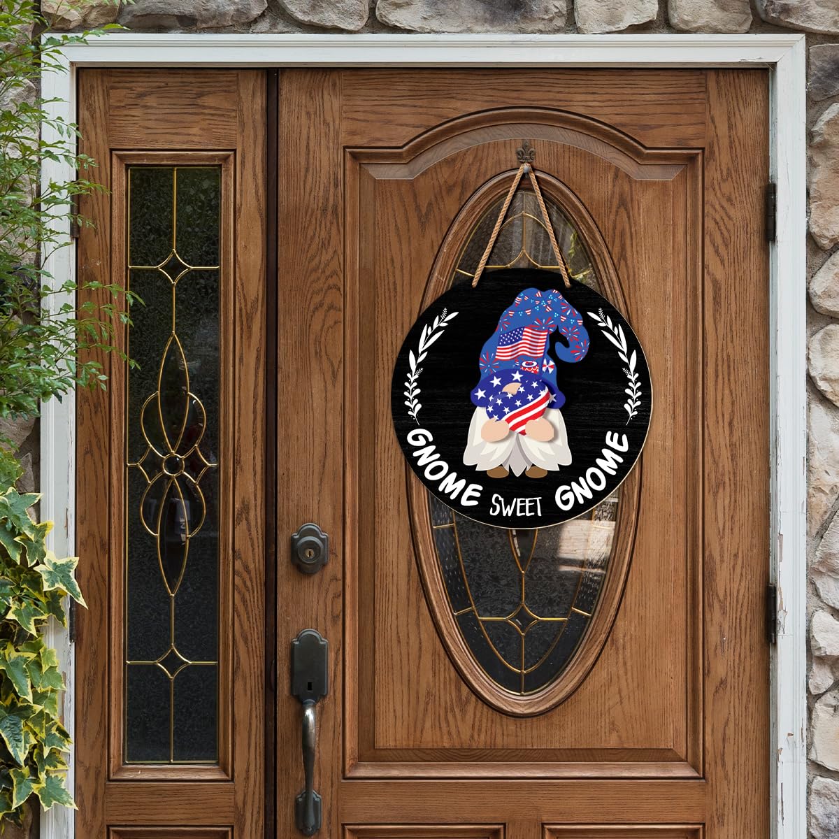 Interchangeable Gnome Welcome Sign Summer Patriotic 4th of July Door Decorations, Changeable Seasonal Front Porch Decor Wood Wreath Gnomes Gifts for Spring Fall Winter All Seasons Holiday, Black
