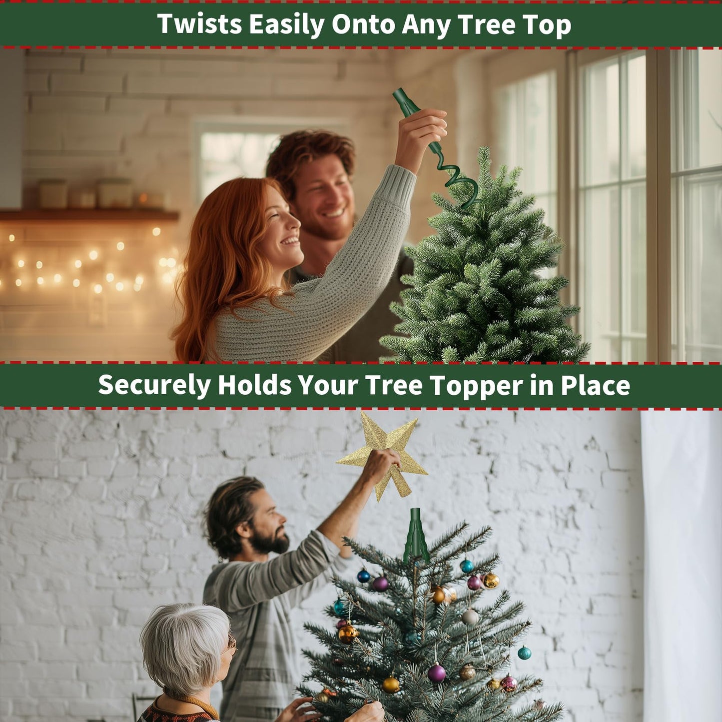 Christmas Tree Topper Holder -Universal Twist On Tree Topper Stabilizer Xmas Tree Topper Support Adjustable Secure Attachment for Star Angel Snowflake Ornaments Fit Most Christmas Trees & Topper Bases