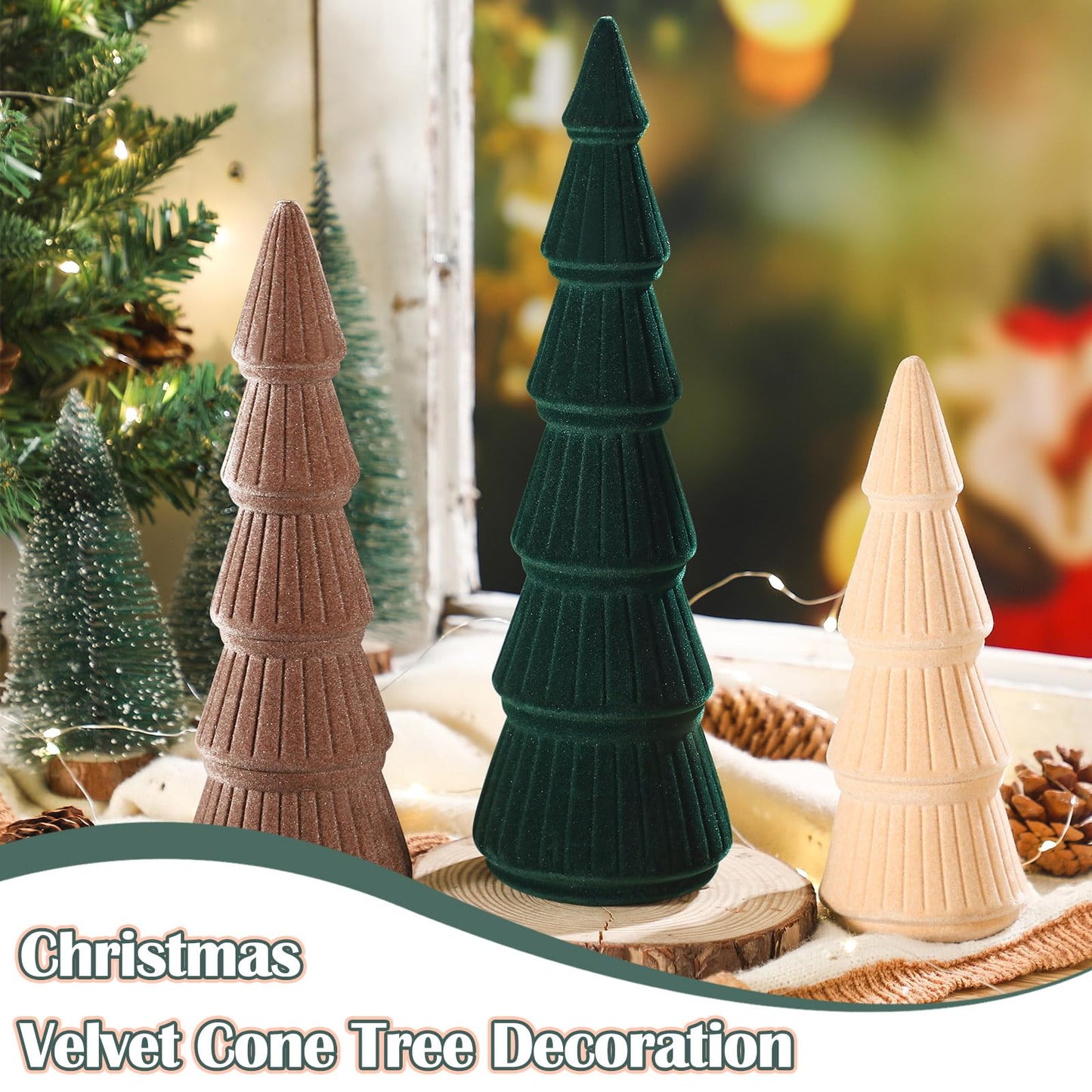 Bucherry 3 PCS Velvet Christmas Tree Figurines Decoration - 8" 10" 14" Modern Cone Christmas Tabletop Home Rustic Centerpiece Set for Winter Holiday Mantel Entryway Party Decor(Green and Khaki)