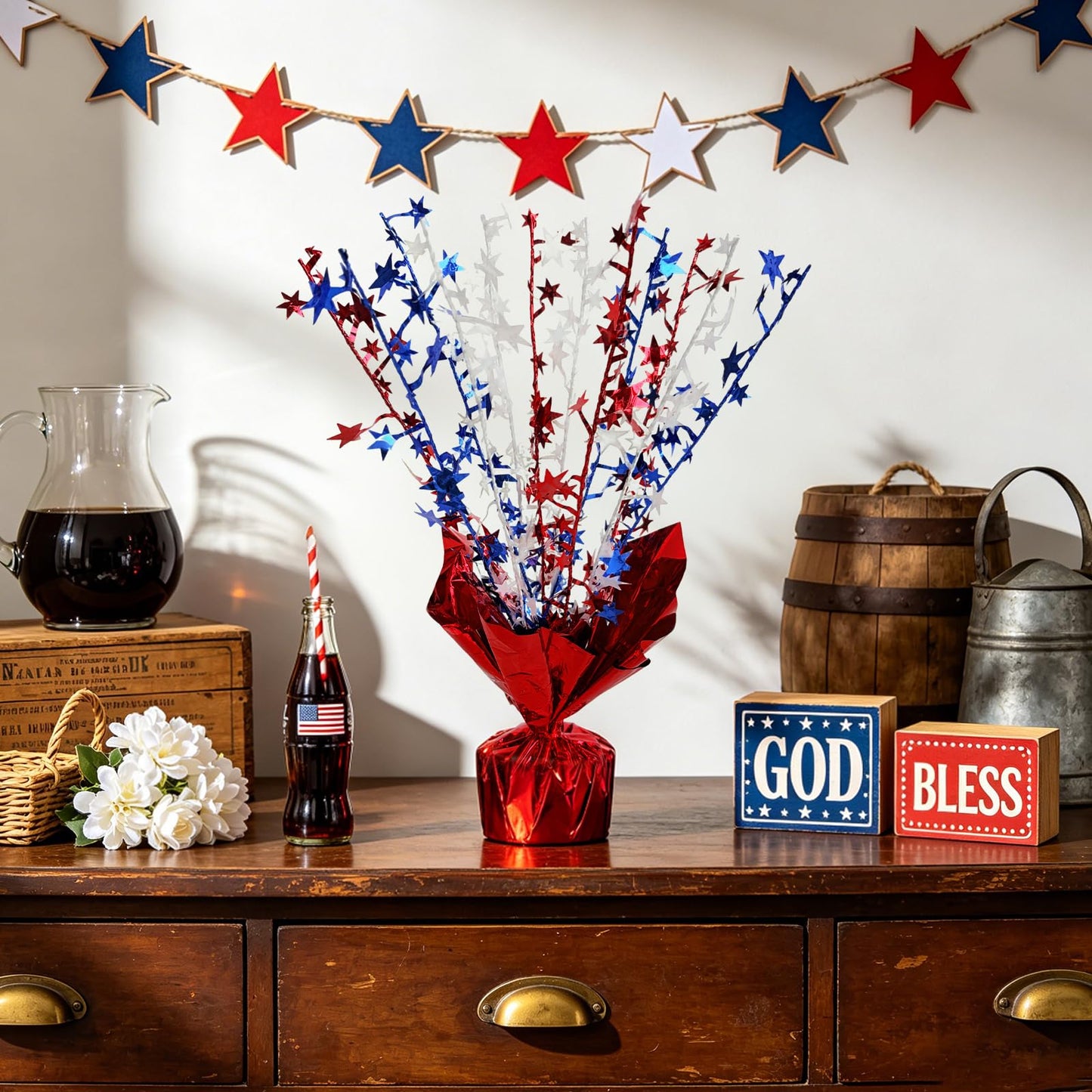 6pcs 4th of July Table Centerpiece Decoration Patriotic Metallic Foil Spray Star Burst Decoration for Independence Day 250th Anniversary Memorial Labor Veteran Day Red White Blue