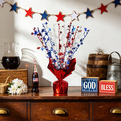 6pcs 4th of July Table Centerpiece Decoration Patriotic Metallic Foil Spray Star Burst Decoration for Independence Day 250th Anniversary Memorial Labor Veteran Day Red White Blue