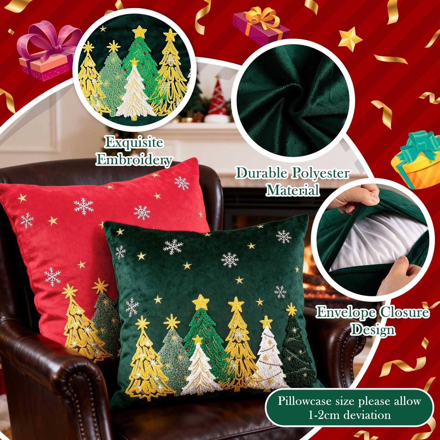 Lanpn 16x16 Christmas Pillow Covers Set of 2, Embroidery Cute Christmas Tree Decorative Holiday Pillowcase Pillow Case Cushion 16 x 16 for Indoor Home Bedroom Sofa Couch Xmas Decor