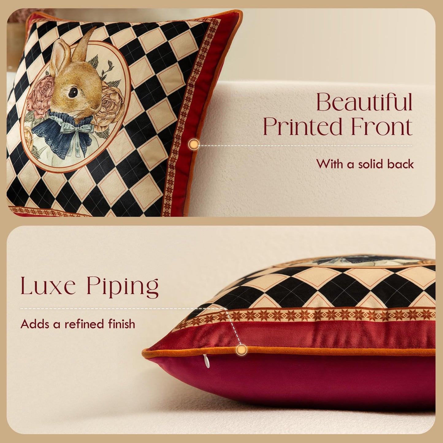 Livebee Bunny Checkered Pillow Cover Decorations, Velvet Euro Sham Covers Decorative Throw Pillow Covers 18x18 for Couch Sofa Bed Home Decor
