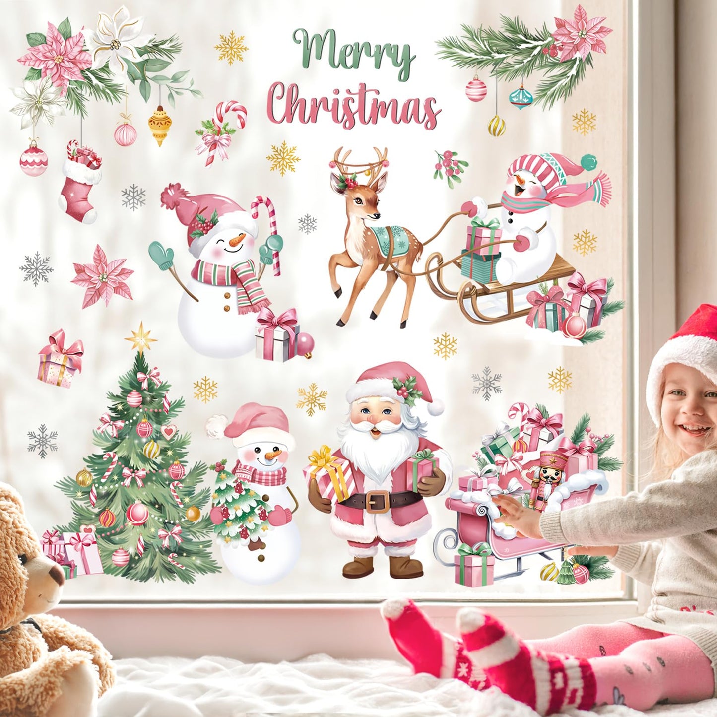 decalmile Christmas Pink Snowman Santa Claus Window Clings Reusable Reindeer Xmas Tree Elk Window Decals Double Side Printed Window Stickers Glass Home Party Supplies Gift Shop Decoration