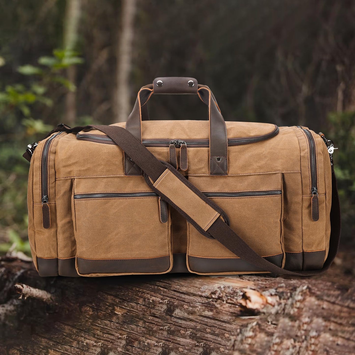 Polare 26” Waxed Canvas Cowhide Leather Waterproof Travel Duffel Bag Trim Luggage Weekender Overnight Carry on Hand Bag (Brown-26")