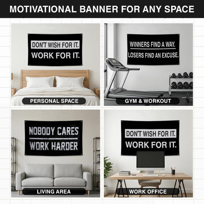 Nobody Cares Work Harder Motivational Banners Kit Three Different Incentive Flags for Gym Office Garage Decor Indoor/Outdoor Poster Style Banner with 4 Grommets - Heavy-Duty 13oz Vinyl(3 x 5 FT)