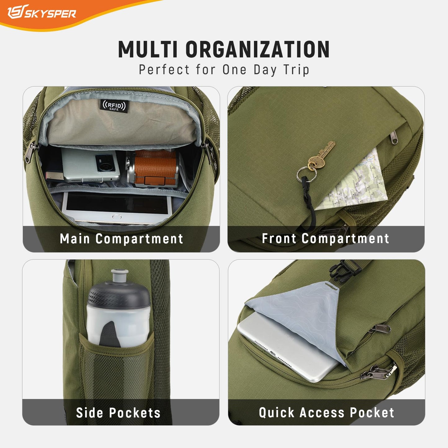 SKYSPER Sling Bag RFID Cross Body Bag Recycled Crossbody Backpack Travel Daypack(Armygreen)