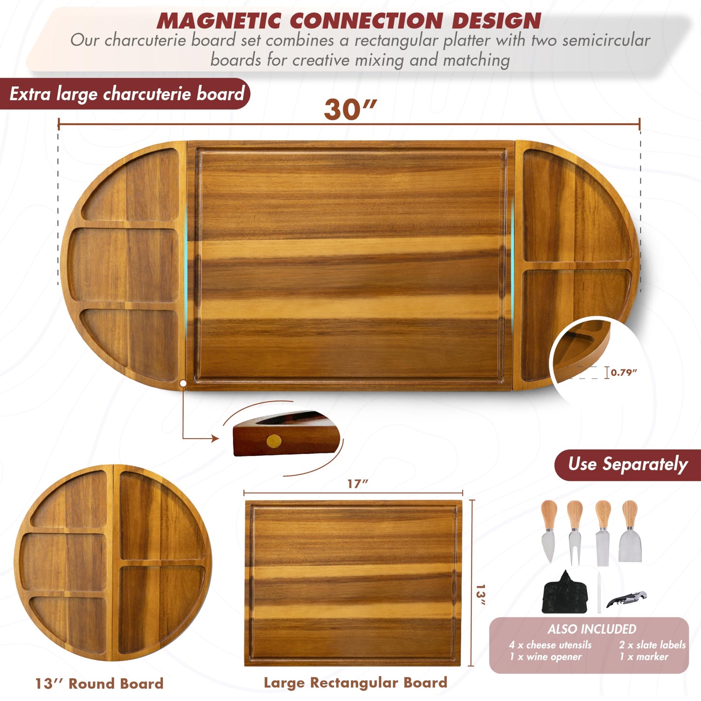 NAGAWOOD Extra Large Charcuterie Boards, 30'' x 13'' Acacia Cheese Board 3 Part Magnetic Long & Round Boards with Knive Set, Wine Opener & Cheese Marker, Unique Serving Tray for Birthday, Wedding Gift