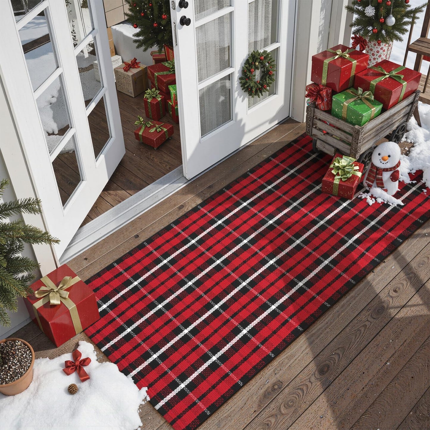 LEEVAN Christmas Outdoor Rug 2x4, Xmas Buffalo Plaid Washable Small Front Porch Door Mat, Black and Red Checkered Entryway Rug, Woven Welcome Doormat for Layered Kitchen Bathroom Holiday Decor Carpet
