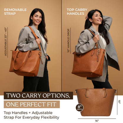sedena Women’s 16” Laptop Tote Bag – Brown Vegan Leather Work Bag with Cupholder, RFID Pockets, Anti-Pickpocket Zipper, Travel Tote with Trolley Sleeve & Detachable Laptop Sleeve