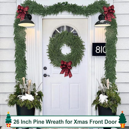 26" Real Touch Christmas Cedar Wreath, Christmas Wreaths for Front Door, Realistic Pine Wreath, Large Green Cypress Wreaths for Home Fireplace Wall Window Porch Outdoor Xmas Holiday Decor
