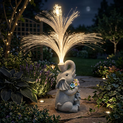 Vuees Solar Elephant Statue with Fiber Optic Light, Resin Animal Figurine Garden Decor, Waterproof Outdoor Sculpture Ornament for Patio, Yard, Porch and Lawn Decoration