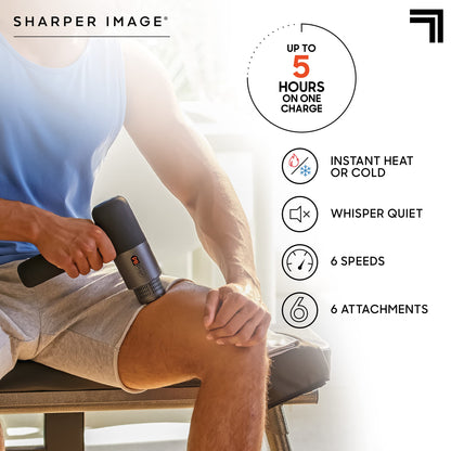 Sharper Image Deep Tissue Percussion Massage Gun, Powerboost Pro+ Hot & Cold Rechargeable Handheld Massager, 6 Adjustable Speeds, 6 Attachment Heads & Carrying Case, Muscle Pain Relief, Black