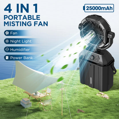 NYXQUARK Portable Misting Fan with 25000mAh Reverse Charging & Remote Control, Auto-Oscillating LED Outdoor Cooling Fan, Stepless Speed, Waterproof Design for Camping, Patio, Pets, Garden Use (Black)