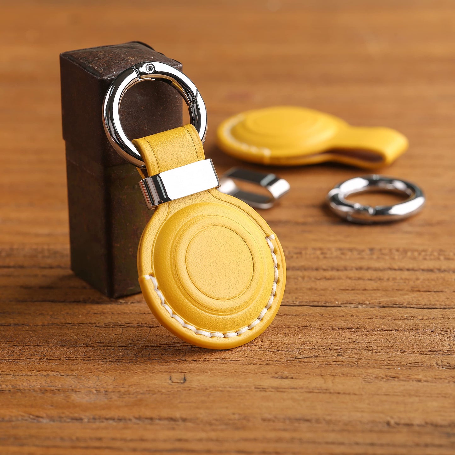 2 Pack LQU Genuine Leather Keychain Holder Compatible with Airtag, Secure Air Tag Keychain Holder Case Cover Key Chain Ring Accessories for Air Tag - Yellow V2.0