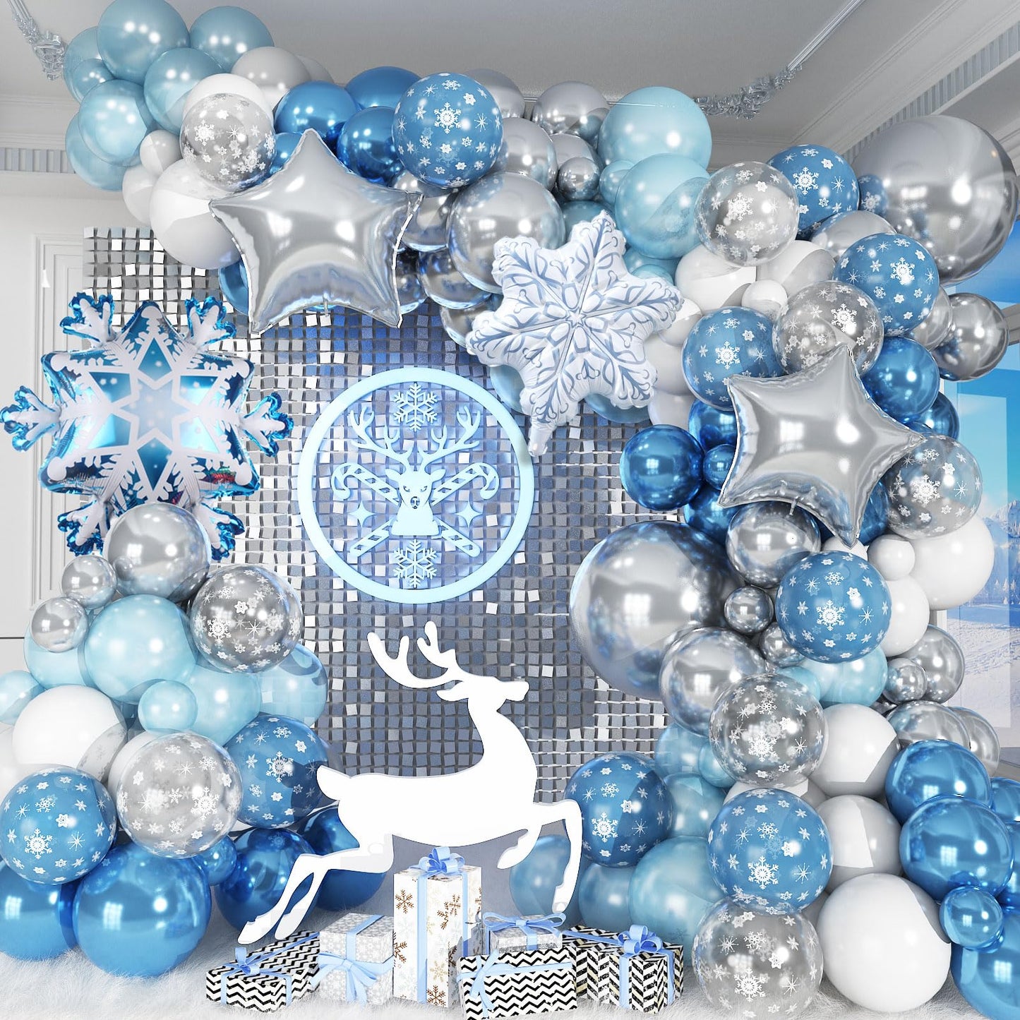 Snowflake Balloon Garland Arch Kit Winter Snowflake Balloons with Silver Blue White Snow Confetti Latex Balloon for Winter Wonderland Christmas Baby Shower Princess Birthday Party Decor