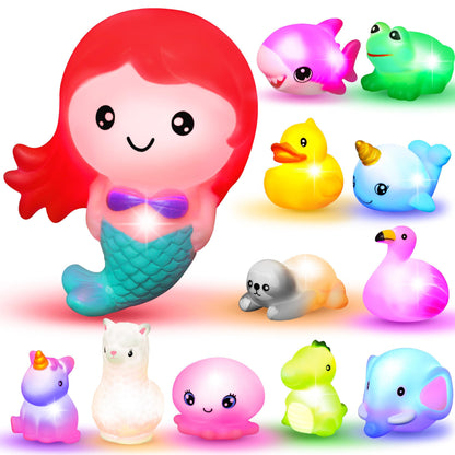 JOYIN 12 PCS Light Up Bath Toys, Toddler Flashing Colourful LED Bathtub Mermaid Toy, Baby Bathtime Floating Rubber Shower Gifts for Infant Kids Boy Girl Valentines Easter Gifts Swimming Pool Party
