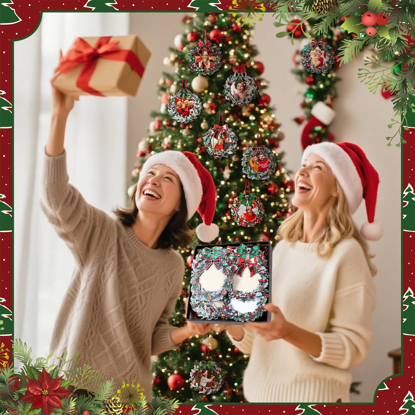 Yalikop 16 Pcs Christmas Photo Frame Ornaments Wooden Nutcrackers Santa Snowman Snowflake Picture Frame Tree Decoration DIY Photo Keepsakes for Xmas Party Decorations Winter (Wreath)