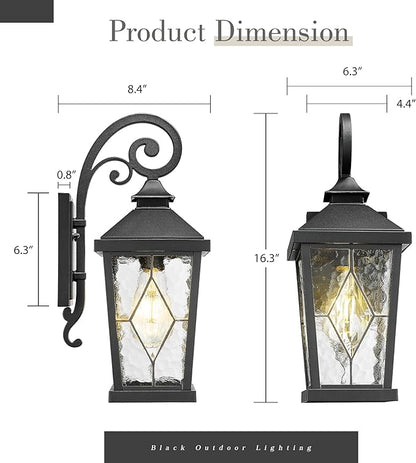 Emliviar Outdoor Porch Light 16 Inch, Farmhouse Wall Mount Fixture with Water Glass Shade, Matte Black Carriage Light for House, Yard, Garden, Patio, WE301B-SD BK