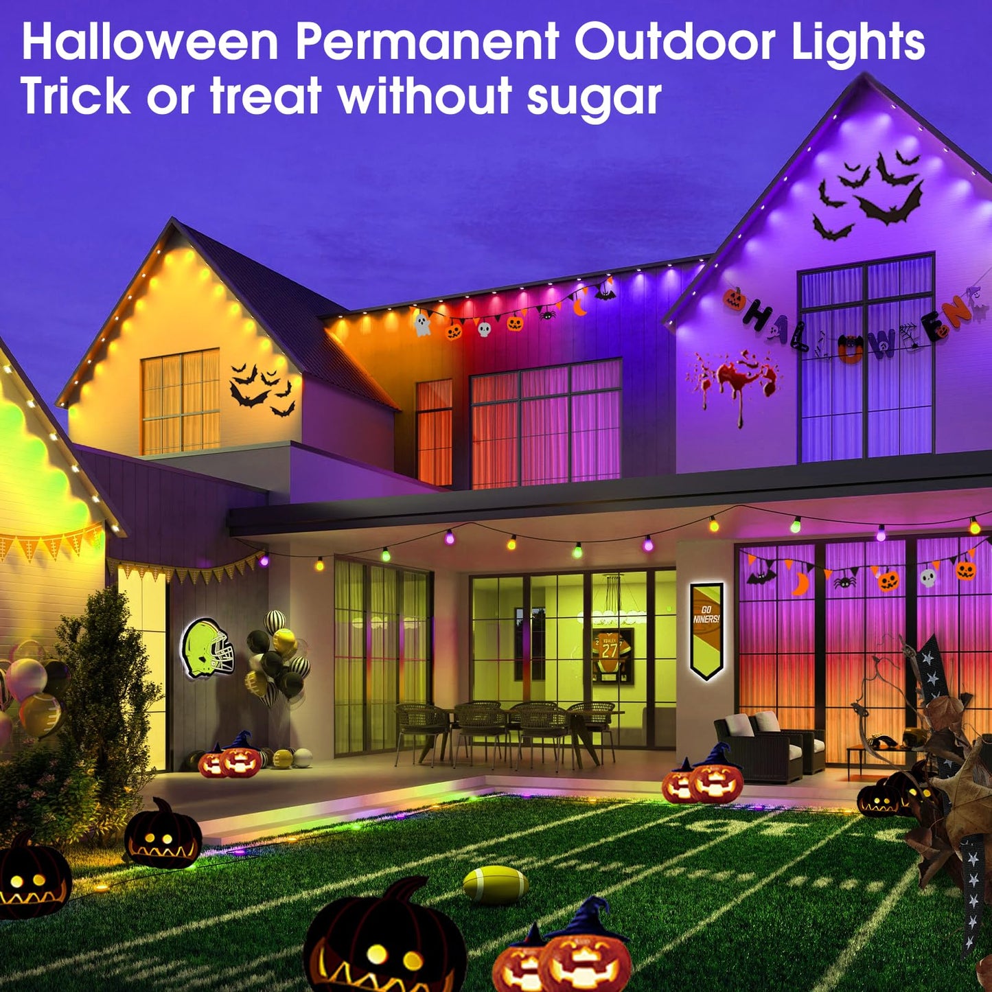 Sumaote Permanent Outdoor Lights 150ft, Smart RGB+IC Smart Christmas House Lights 108 LED Waterproof Music Sync Eave Lights for Christmas, Holiday Decor, Compatible with Alexa Google Assistant