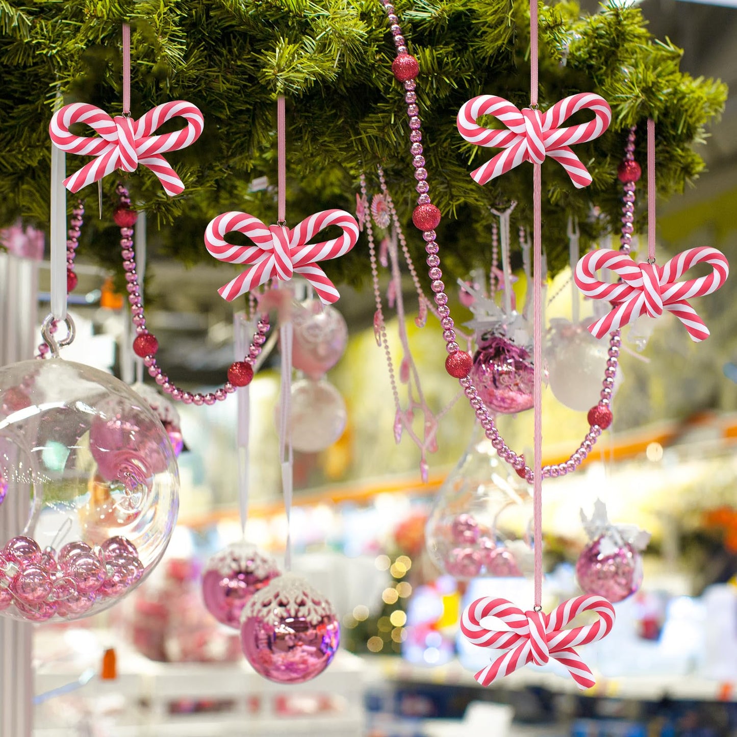 Hungdao 24 Pcs Bow Candy Cane Christmas Ornaments Pink and White Christmas Tree Decoration Stripe Candy Cane Hanging Ornament Polymer Clay Peppermint Pendant for for Xmas Tree Home Party Holiday Decor