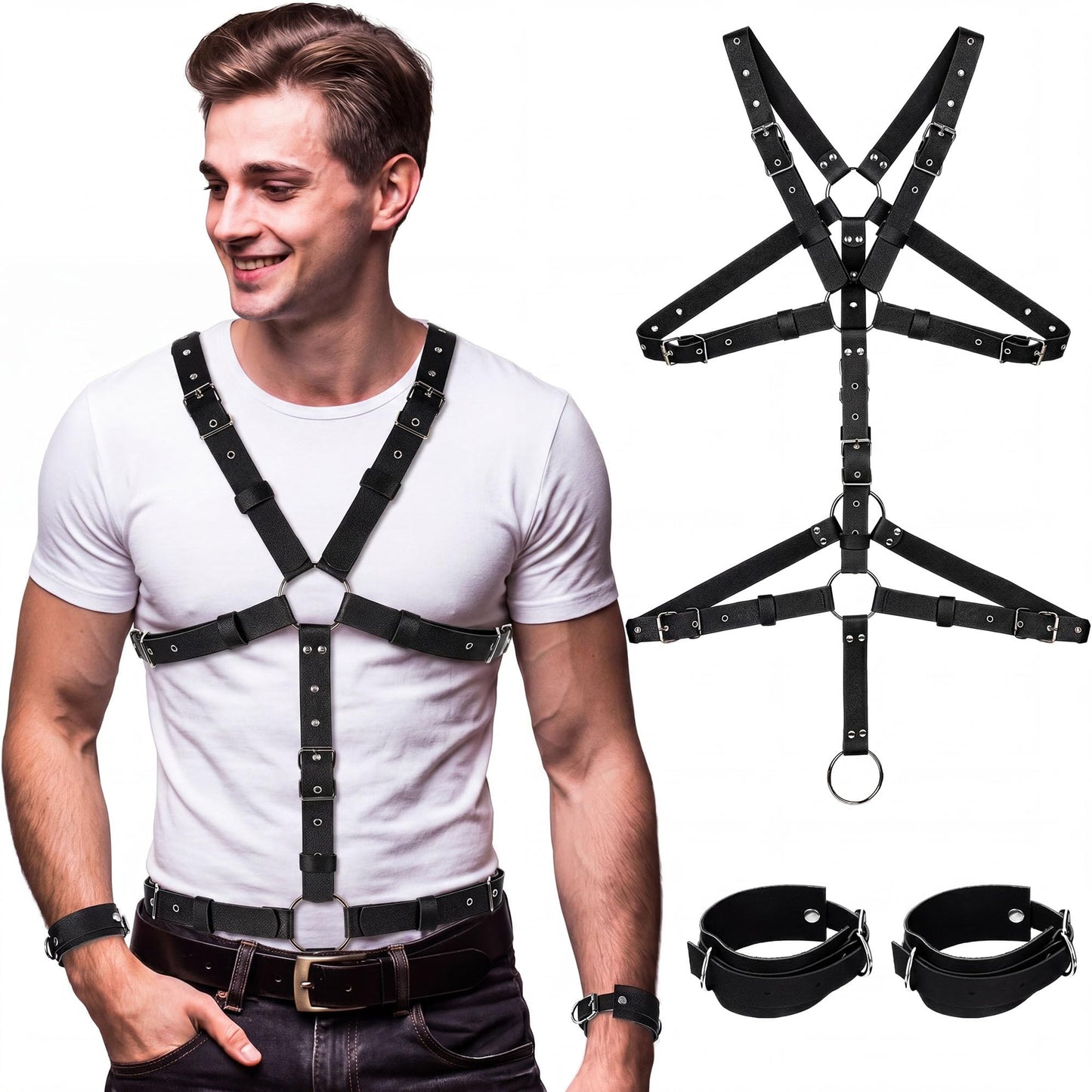 Tisancy Men's Chest Harness Belt Adjustable Buckle Chest PU Leather Male Harness Secure Fastening for Men's Costumes Clothes(Body Style)