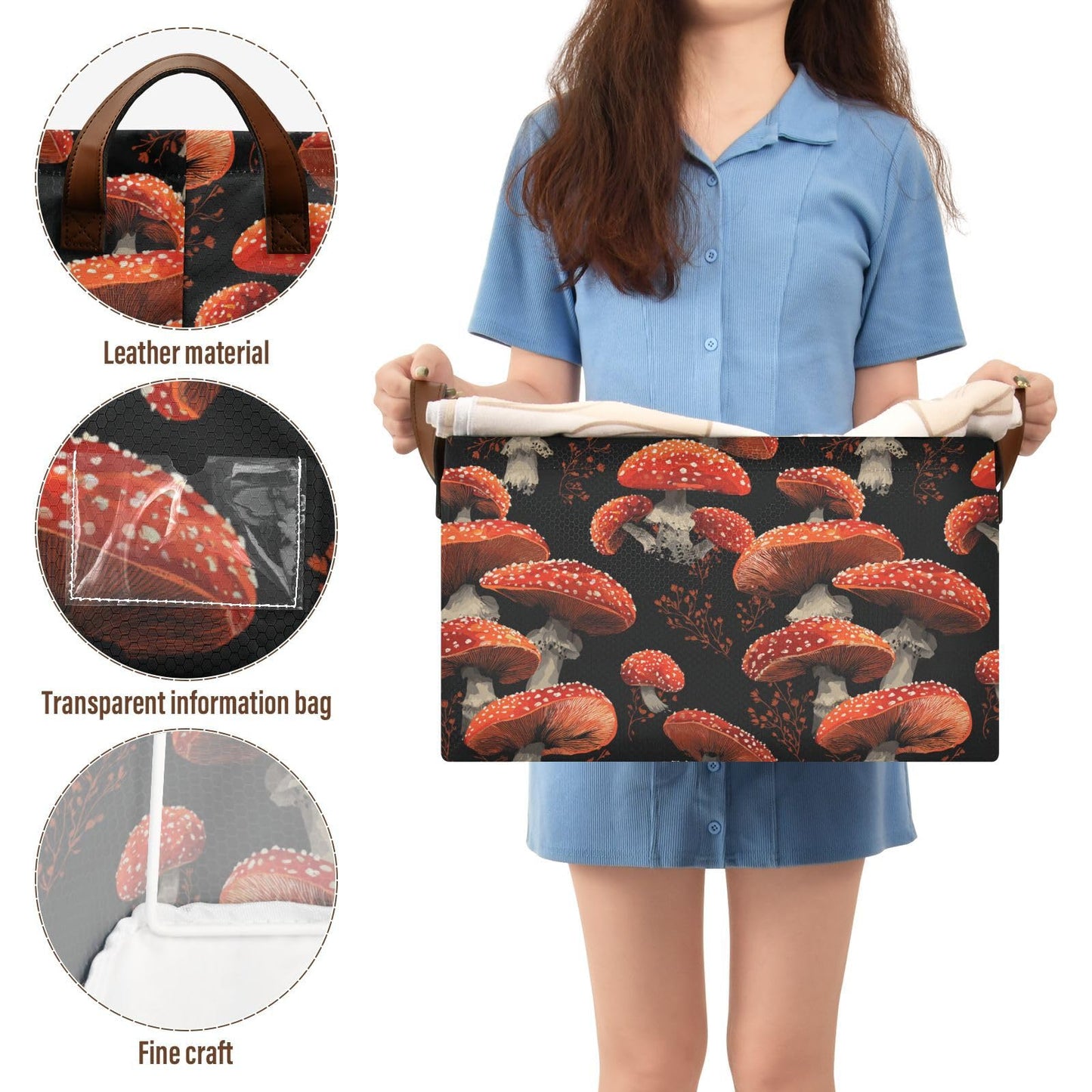 Red Mushrooms Amanita Mushroom Storage Basket Foldable Cube Storage Bins with Handles&Label Waterproof Collapsible Organizer Box Bin Large Rectangle Decorative Baskets for Shelves Home Room Laundry
