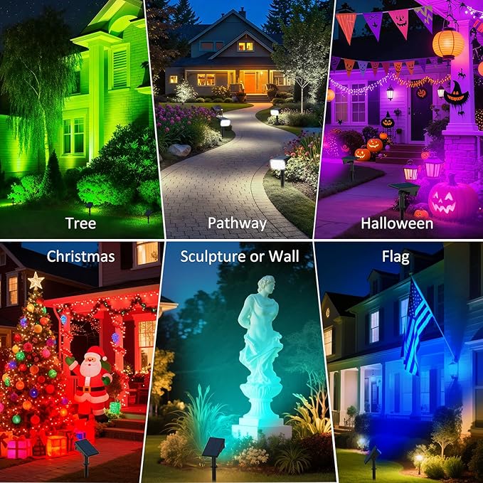T-SUNUS Christmas Solar Color Landscape Spotlights Outdoor, IP65 Waterproof RGB Spot Light 2 Pack Auto Dusk to Dawn Landscaping Wall Lights for Tree Yard Garden Driveway Porch Walkway Pond Halloween