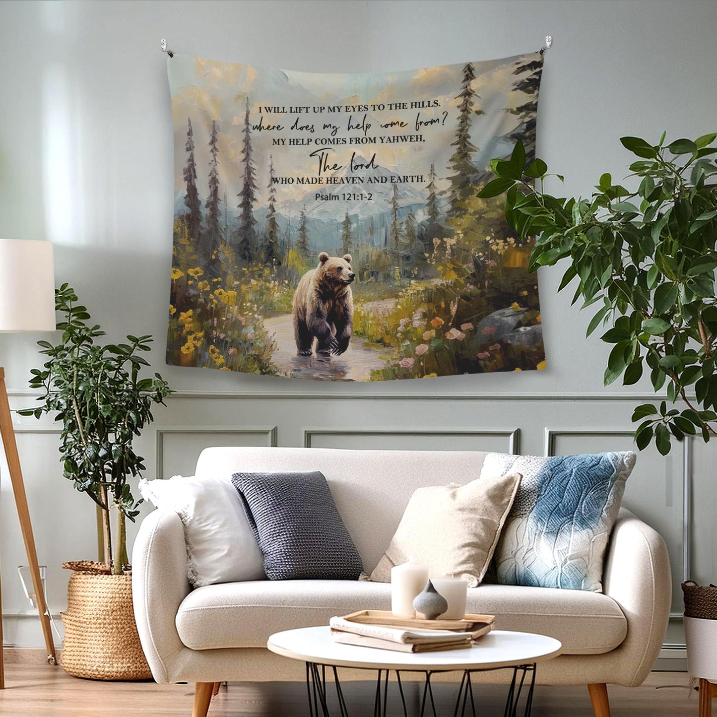 WAITPI Christian Woodland Mountain Hanging Wall Tapestry for Bedroom, Farmhouse Bear Forest Psalm 121:1-2 Bible Verse Scripture Wall Hanging Decor Tapestry for Home Living Room, 50x60in