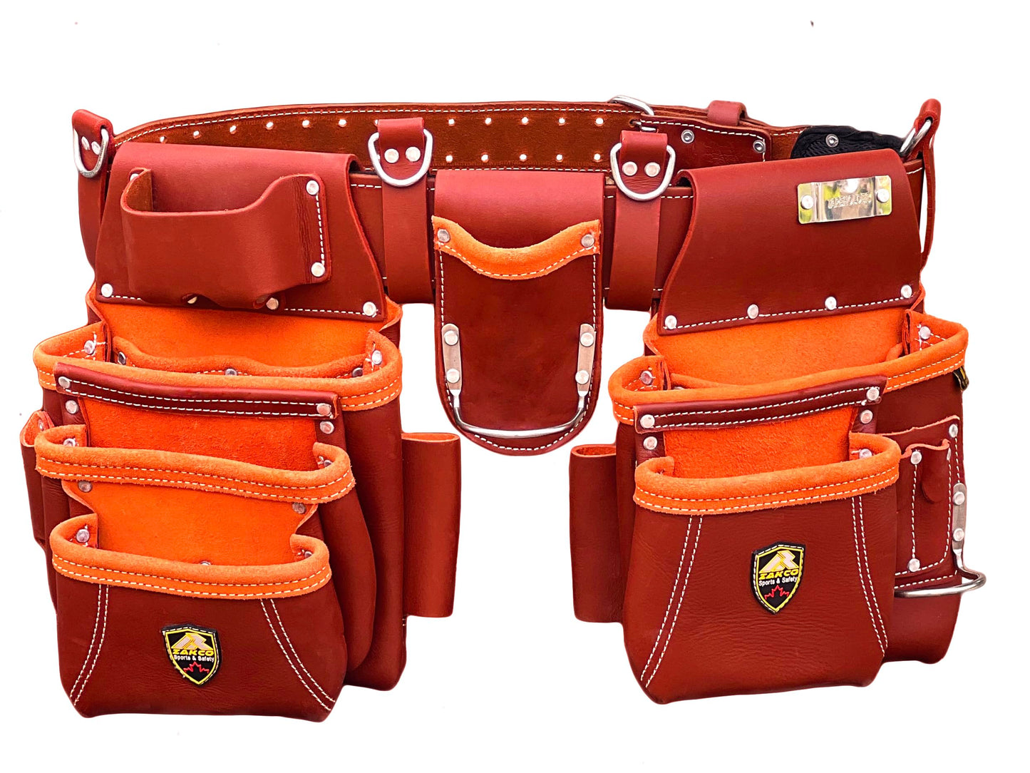 ZAKCO PRO-19 Genuine Grain Leather Multi Pockets Construction Tool Rig, Carpenter Tool Belt, 2 Leather Tool Pouches, Pro Style Tool Belt for Framers, Handyman, Drywall & Roofers (MAROON, Full Size)