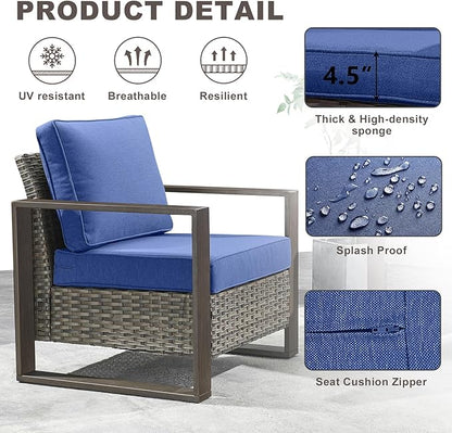 Rilyson Outdoor Wicker Patio Furniture Set - 4 Piece Patio Conversation Set with 2 Wicker Armrest Chairs,2 Rattan Ottoman, Sturdy Frame, Thick Cushions, Deep Seating(Mixed Grey/Blue)