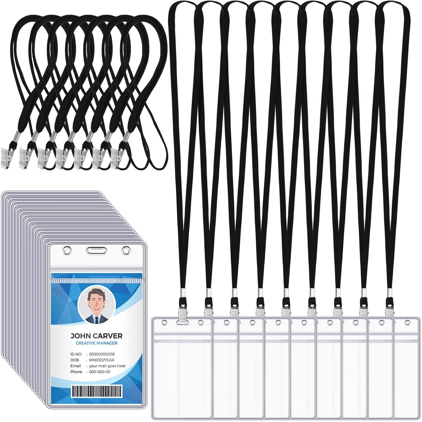 Marspark Pcs ID Badge Holder with Lanyard Lanyards for ID Badges Resealable Flat Neck Name Tag with Clip Waterproof Plastic Clear Badges Bulk for School Office Supplies(Black,200)