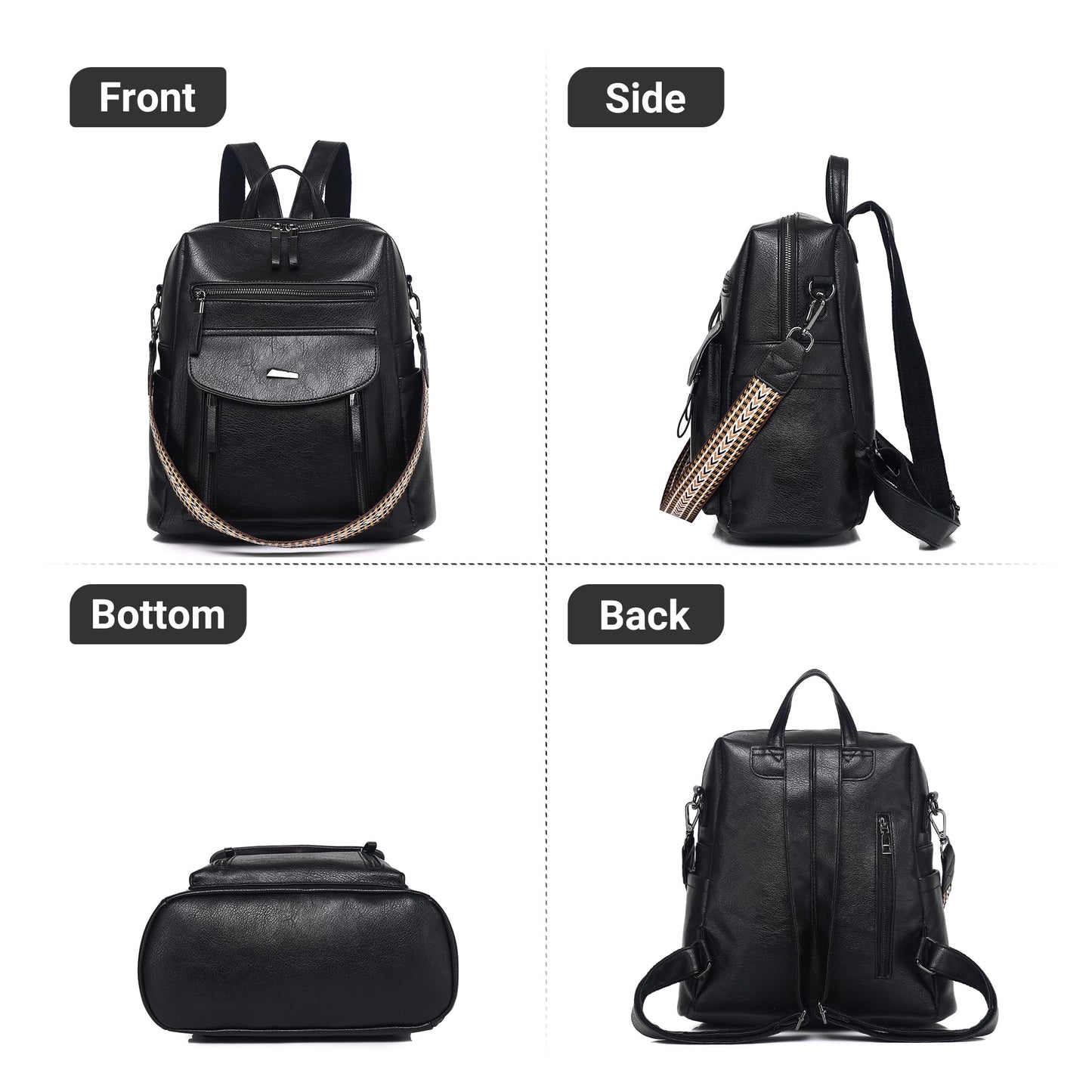 WYFJNX PU Leather Womens Backpack Purse Ladies Backpack Handbag Fashion Shoulder Bag Small Travel Bag Black